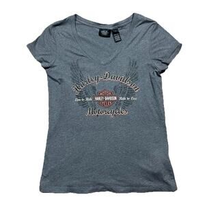 Harley Davidson Womens V Neck T Shirt Gray Winged Logo Biker Tee Size L